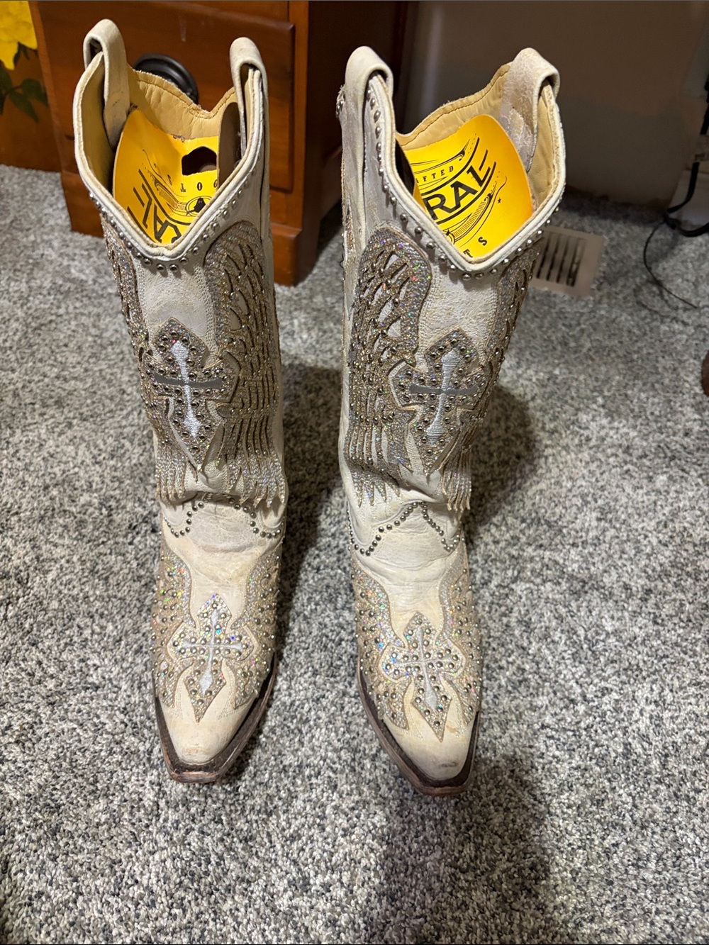Women's Cream Rhinestone Western Heeled Boots